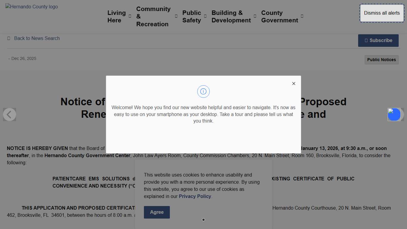 CLK25-168: Notice of Public Hearing on January 13, 2026 of Proposed Renewal to Certificate of Public Convenience and Necessity Hernando County