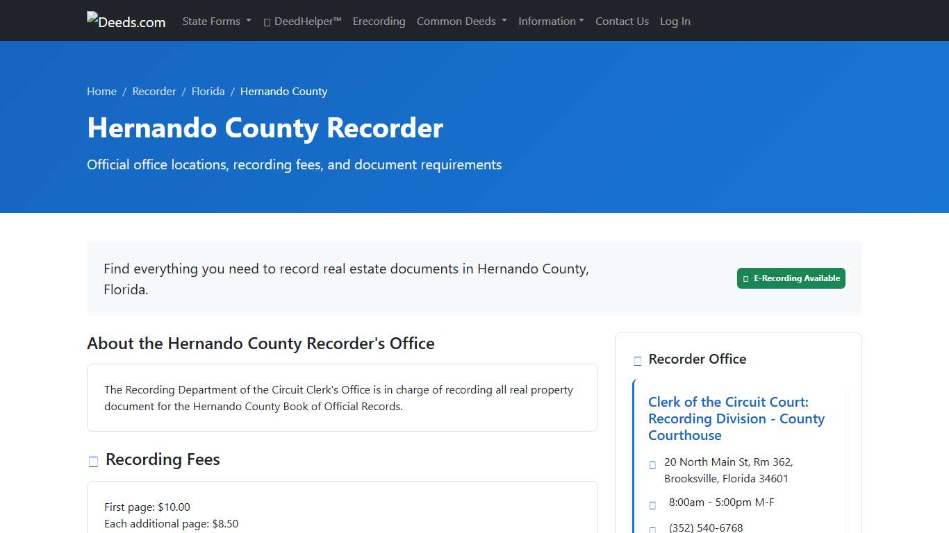 Hernando County Recorder Information, Florida - Deeds.com